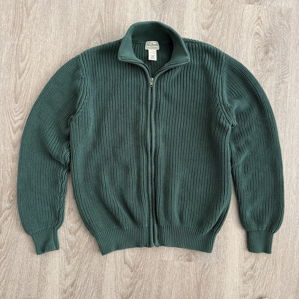 LL Bean Cotton Full Zip Sweater Cardigan Green Ribbed Knit Mock Neck Mens L Reg - Picture 15 of 16